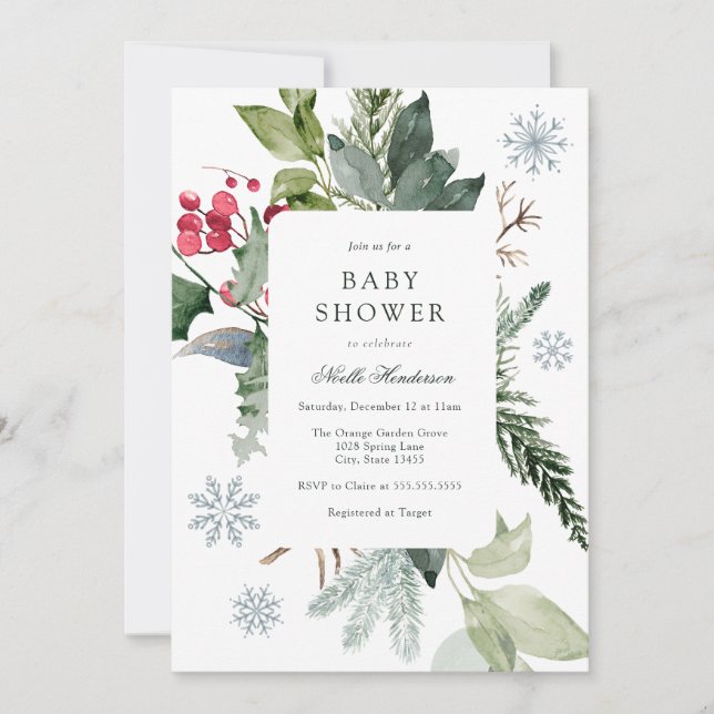 Winter Snow and Evergreen Baby Shower  Invitation (Front)