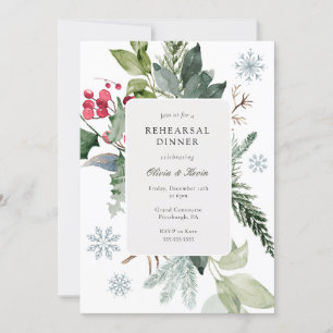 Winter Snow and Evergreen Wedding Rehearsal Dinner Invitation
