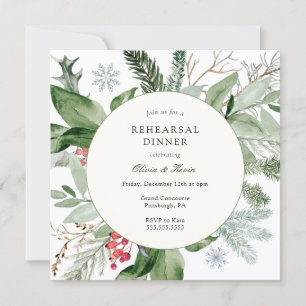 Winter Snow and Evergreen Wedding Rehearsal Dinner Invitation