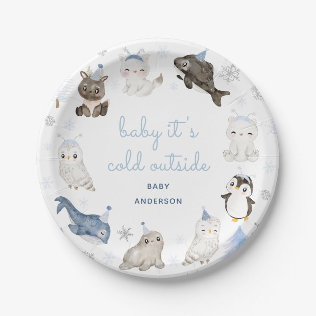 Winter Snow Animals Baby Shower Party Paper Plate (Front)