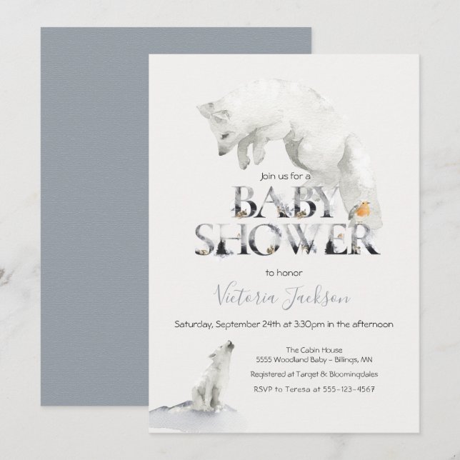 Winter Snow Artic White Fox baby shower Invitation (Front/Back)