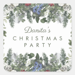 Winter Snow Berries Pine Christmas Personalised Square Sticker