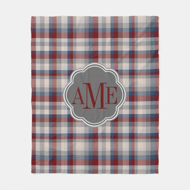 Winter Snow Berry Tweed Patterned Plaid Monogram Fleece Blanket (Front)