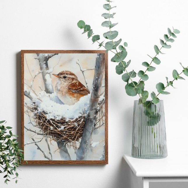 Winter Snow Bird in Nest Tree Nature Watercolor Poster (Winter Bird, Wren Bird in Snowy Nest in Tree. Watercolor Wall Art poster print or digital)