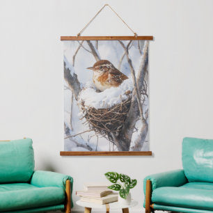 Winter Snow Bird Wren in Tree Nest Nature Art Hanging Tapestry