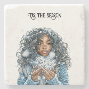 Winter Snow Black Girl Snowflakes Christmas Stone Coaster