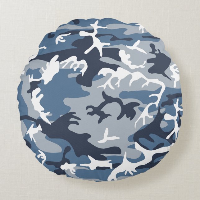 Winter Snow Blue Camouflage, Military, Army Round Cushion (Front)