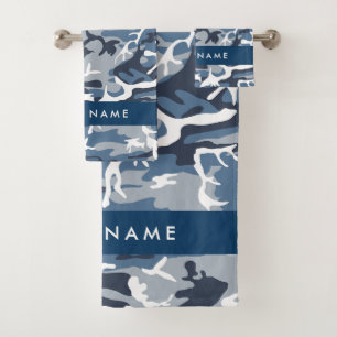 Winter Snow Blue Camouflage Your name Personalise Bath Towel Set