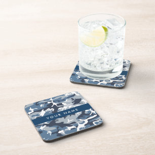 Winter Snow Blue Camouflage Your name Personalise Coaster