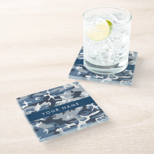Winter Snow Blue Camouflage Your name Personalise Glass Coaster