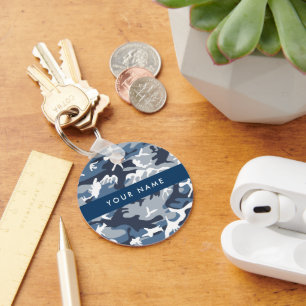Winter Snow Blue Camouflage Your name Personalise Key Ring