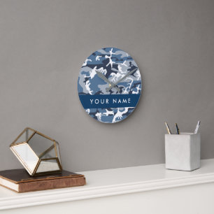 Winter Snow Blue Camouflage Your name Personalise Round Clock