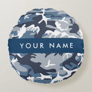 Winter Snow Blue Camouflage Your name Personalise Round Cushion