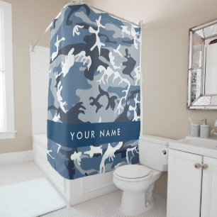 Winter Snow Blue Camouflage Your name Personalise Shower Curtain