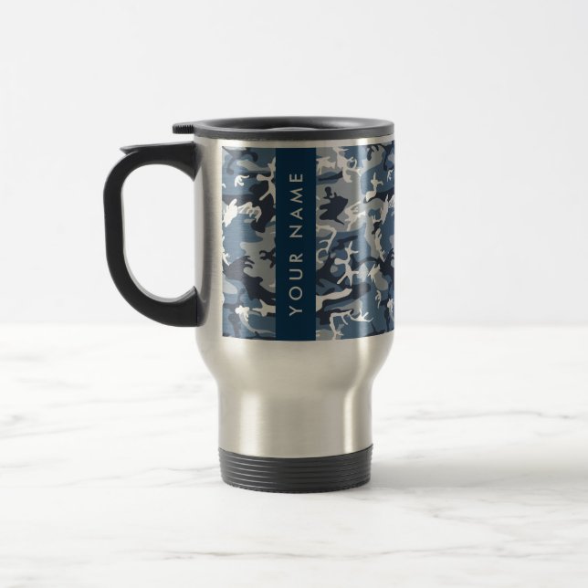 Winter Snow Blue Camouflage Your name Personalise Travel Mug (Left)