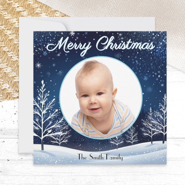 Winter Snow Blue Night Sky Custom Photo Elegant  Holiday Card (A Christmas card with winter snow scene, to personalize with a photo and name)