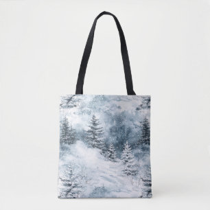 Winter Snow Blue White Christmas Pine Trees Tote Bag