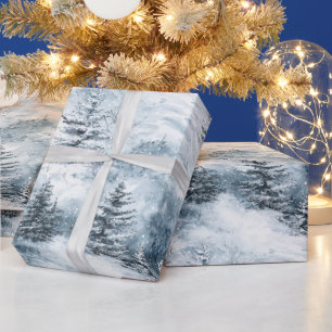 Winter Snow Blue White Christmas Pine Trees  Wrapping Paper