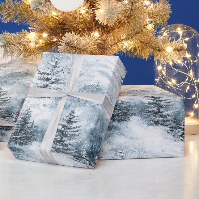Winter Snow Blue White Christmas Pine Trees  Wrapping Paper (Holidays)
