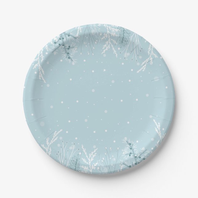 Winter Snow Branch Blue Christmas Holiday Paper Plate (Front)