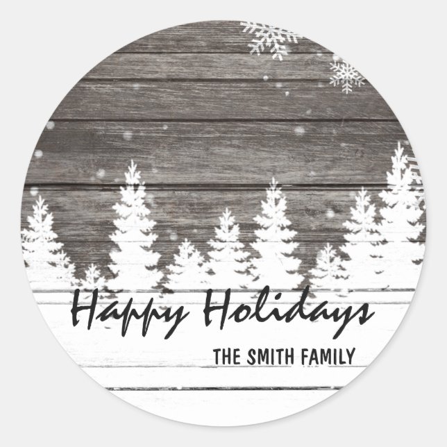 Winter snow brown wood Christmas Holiday Classic Round Sticker (Front)
