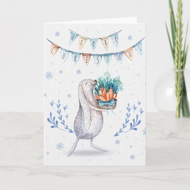 Winter Snow Bunny Merry Christmas Holiday Card (Front)