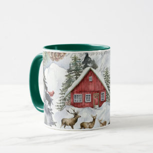 Winter Snow Cabin Woodland Forest Deer Mug