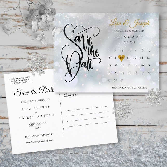 Winter Snow Calendar Gold Heart Save The Date Announcement Postcard (Creator Uploaded)
