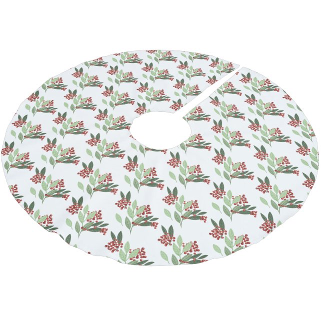 Winter Snow Christmas Botanical Berries Holiday Brushed Polyester Tree Skirt (Angled)