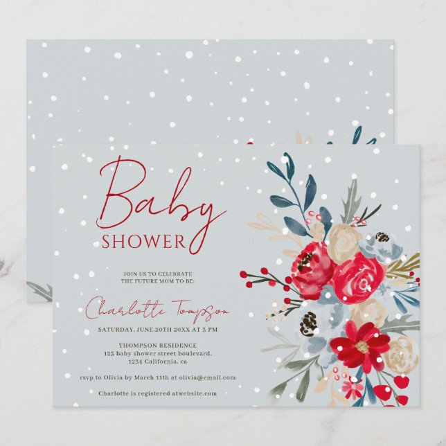 Winter snow Christmas flowers script baby shower Invitation (Front/Back)