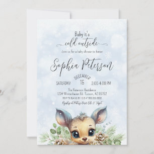 Winter Snow Cold Outside Blue Baby Shower Deer Invitation