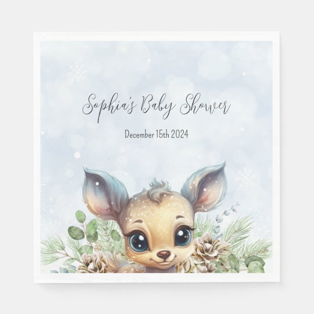 Winter Snow Cold Outside Blue Baby Shower Deer Napkin (Front)