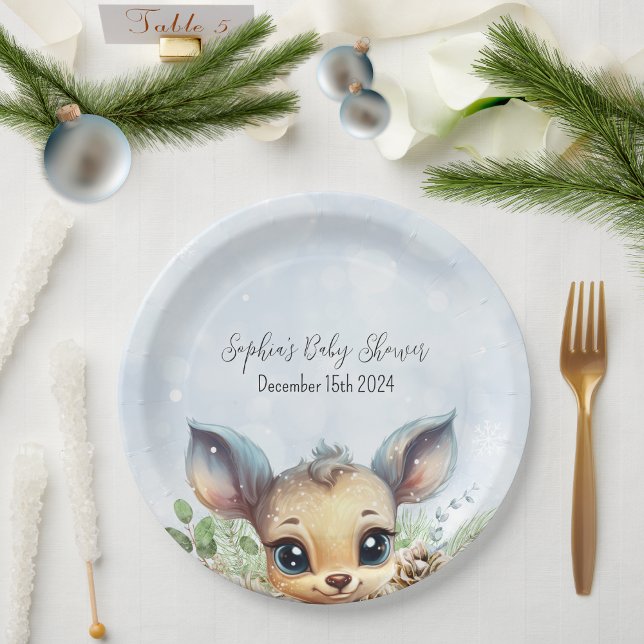Winter Snow Cold Outside Blue Baby Shower Deer Paper Plate (Cute Winter Baby Shower Paper Plate with Deer and Snow)