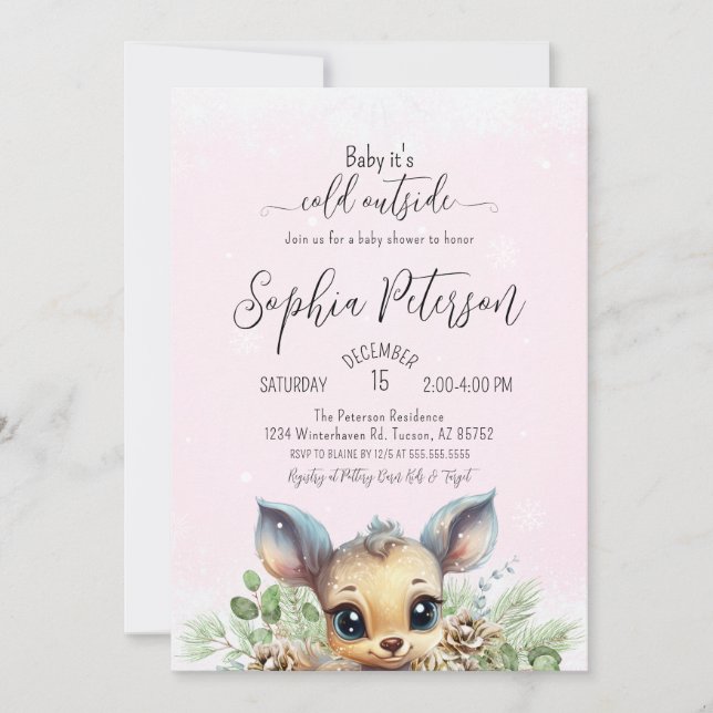 Winter Snow Cold Outside Pink Baby Shower Deer Invitation (Front)