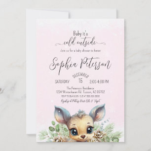 Winter Snow Cold Outside Pink Baby Shower Deer Invitation