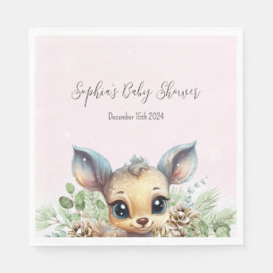 Winter Snow Cold Outside Pink Baby Shower Deer Napkin
