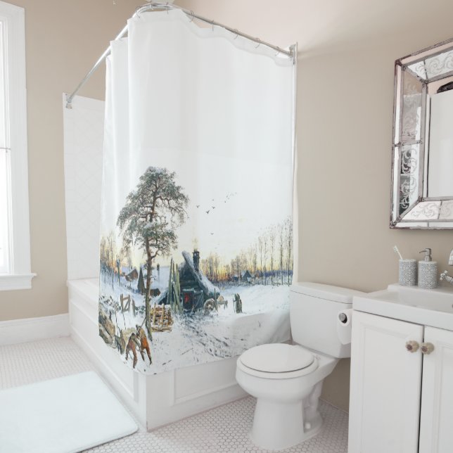 Winter Snow Country Cabin Family Shower Curtain (In Situ)