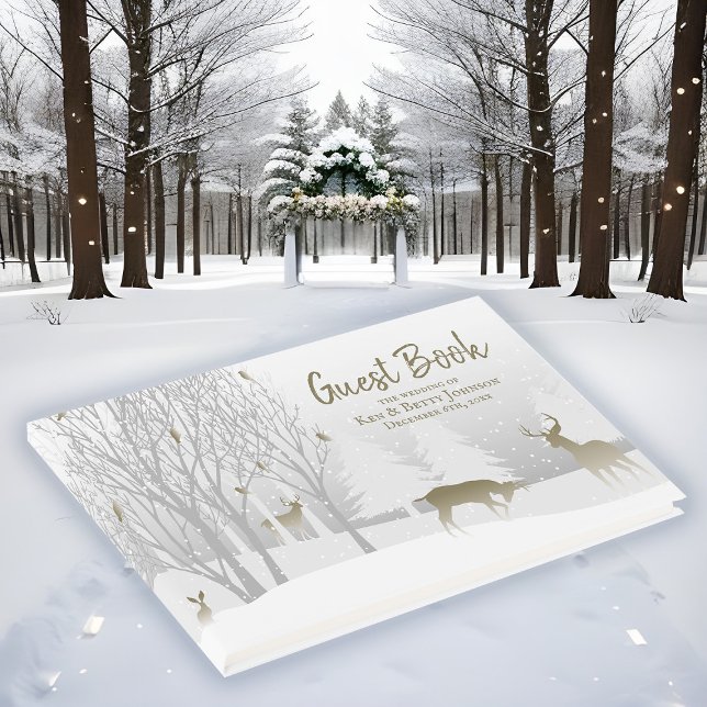 Winter Snow Country Wedding White Woodland Nature Guest Book (Winter wedding guestbook with  country woodland animals.)