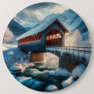 Winter, snow covered bridge & river 6 cm round badge
