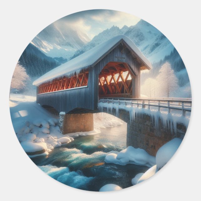 Winter, snow covered bridge & river classic round sticker (Front)