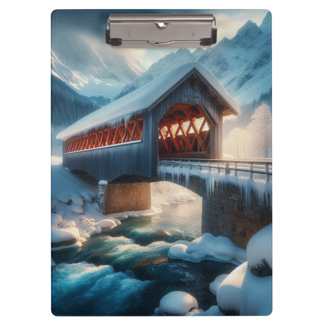 Winter, snow covered bridge & river clipboard (Front)