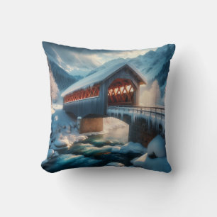 Winter, snow covered bridge & river cushion
