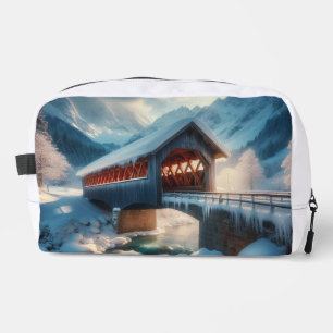 Winter, snow covered bridge & river dopp kit