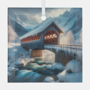Winter, snow covered bridge & river glass tree decoration