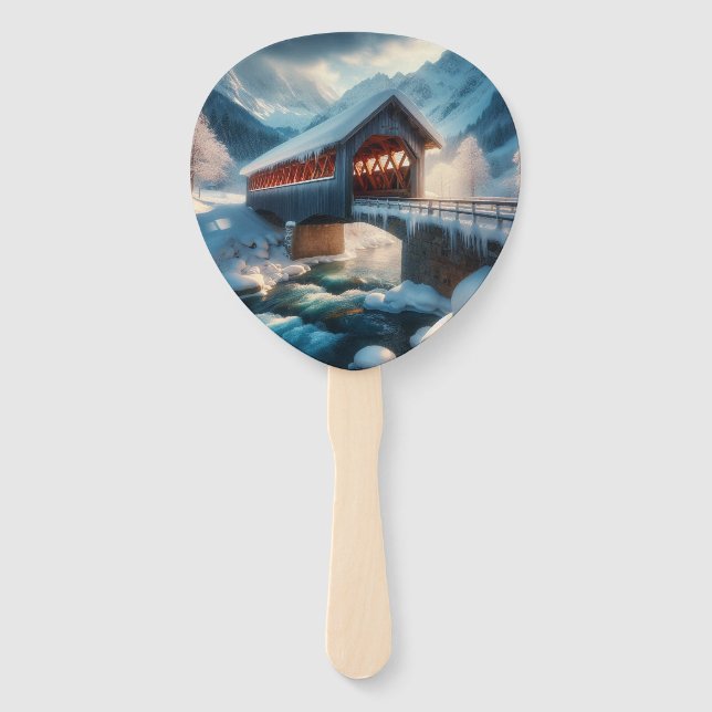 Winter, snow covered bridge & river hand fan (Front)