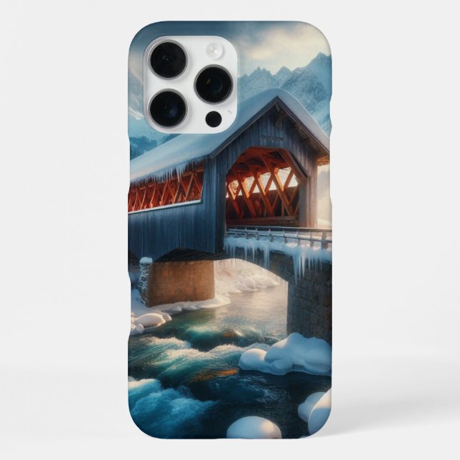 Winter, snow covered bridge & river iPhone case (Back)