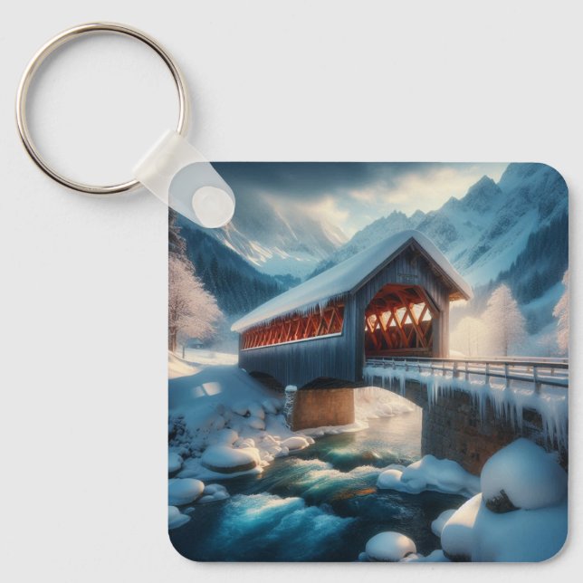 Winter, snow covered bridge & river key ring (Front)