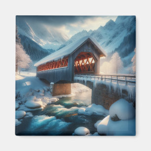 Winter, snow covered bridge & river magnet