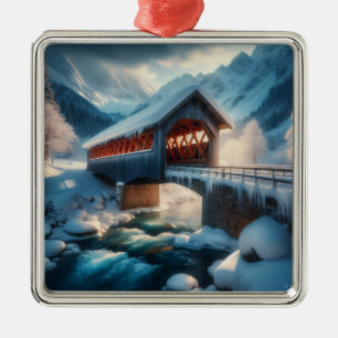 Winter, snow covered bridge & river metal tree decoration
