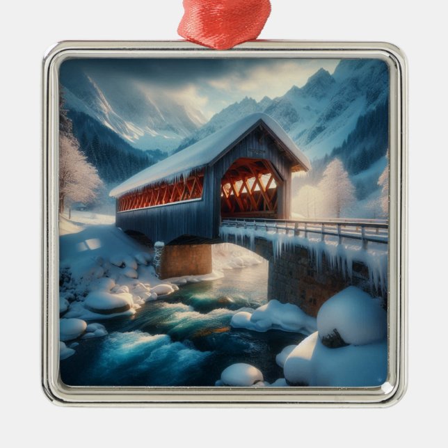 Winter, snow covered bridge & river metal tree decoration (Front)